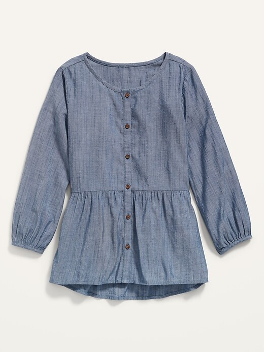 View large product image 1 of 2. Long-Sleeve Button-Front Chambray Top for Girls