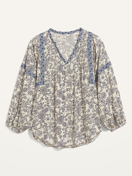 View large product image 1 of 1. Oversized Floral-Print Split-Neck Tunic Top for Women