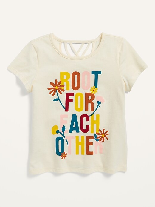 View large product image 1 of 1. Short-Sleeve Lattice-Back Graphic Tee for Girls