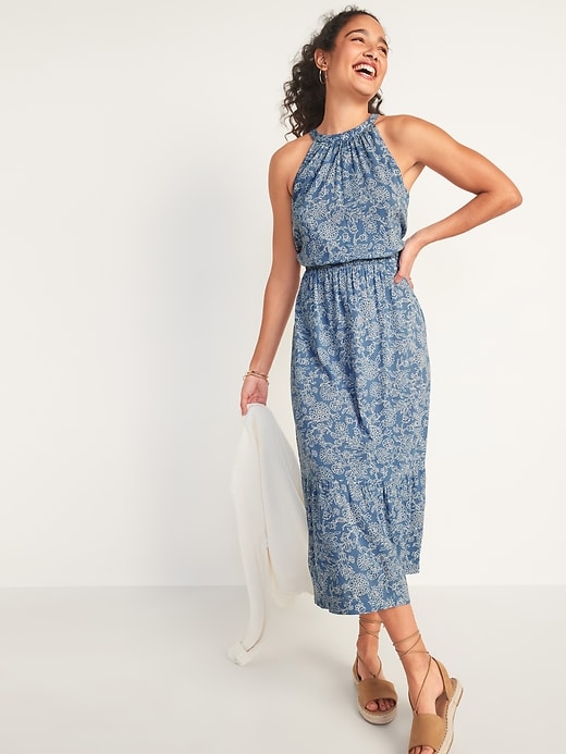 Image number 1 showing, Waist-Defined Sleeveless Floral-Print Maxi Dress for Women