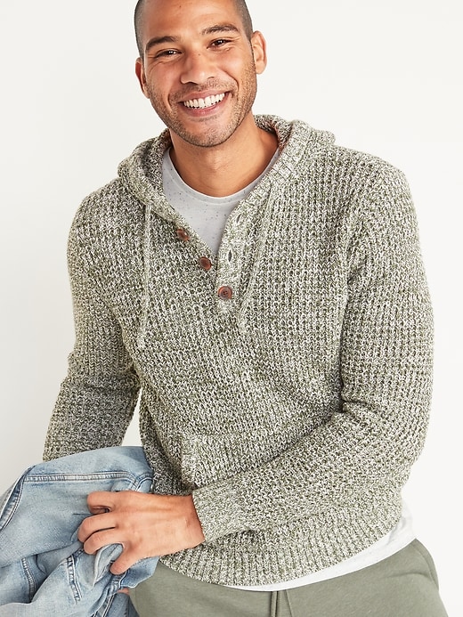 Image number 1 showing, Textured Waffle-Stitch Henley Sweater Hoodie