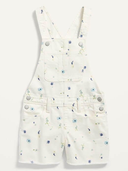 View large product image 1 of 1. Floral Frayed-Hem Jean Shortalls for Girls