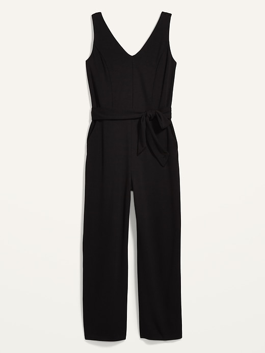 View large product image 1 of 2. Sleeveless Ponte-Knit Tie-Belt Jumpsuit for Women