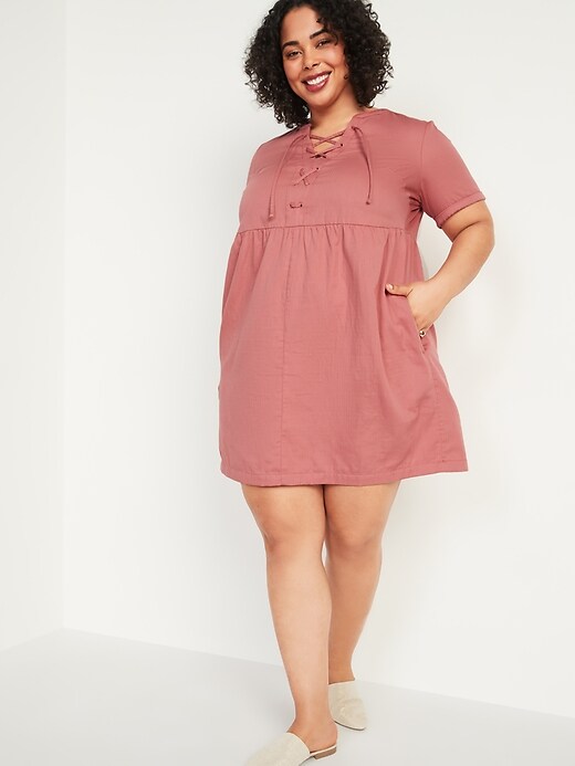 Image number 1 showing, Lace-Up Twill Plus-Size Shift Dress