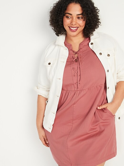 Image number 3 showing, Lace-Up Twill Plus-Size Shift Dress