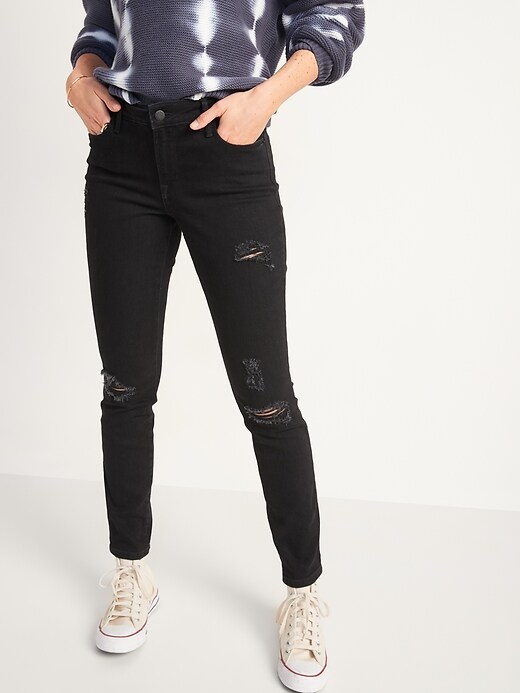 Old Navy Mid-Rise Pop Icon Black-Wash Ripped Skinny Jeans for Women black. 1