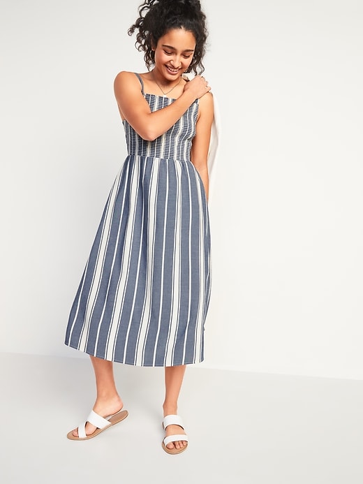 Image number 1 showing, Smocked Fit & Flare Striped Cami Midi Dress for Women