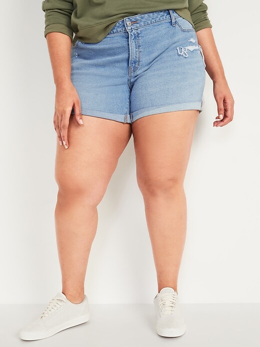 Image number 1 showing, Mid-Rise Ripped Light-Wash Boyfriend Plus-Size Jean Shorts -- 5-inch inseam