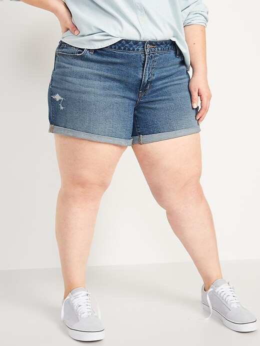 Image number 1 showing, Mid-Rise Ripped Boyfriend Plus-Size Jean Shorts -- 5-inch inseam