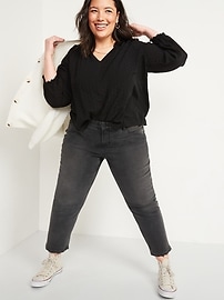 View large product image 3 of 3. Ruffled Split-Neck Textured Dobby Plus-Size Blouse