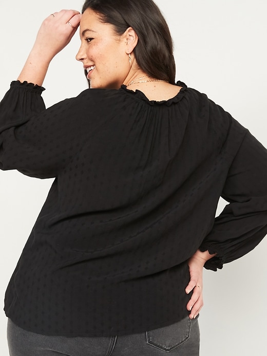View large product image 2 of 3. Ruffled Split-Neck Textured Dobby Plus-Size Blouse