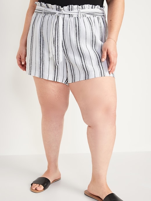 View large product image 1 of 2. High-Waisted Tie-Belt Linen-Blend Plus-Size Shorts -- 4.5-inch inseam