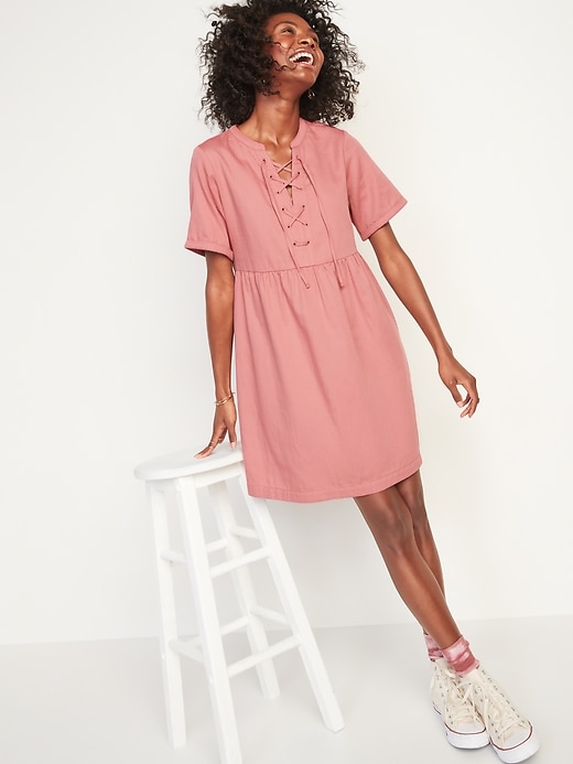 Image number 1 showing, Lace-Up Twill Shift Dress for Women