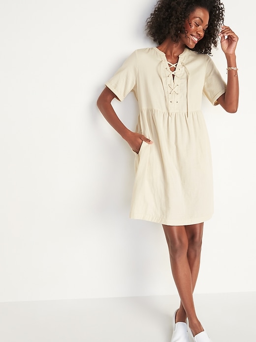View large product image 1 of 2. Lace-Up Twill Shift Dress