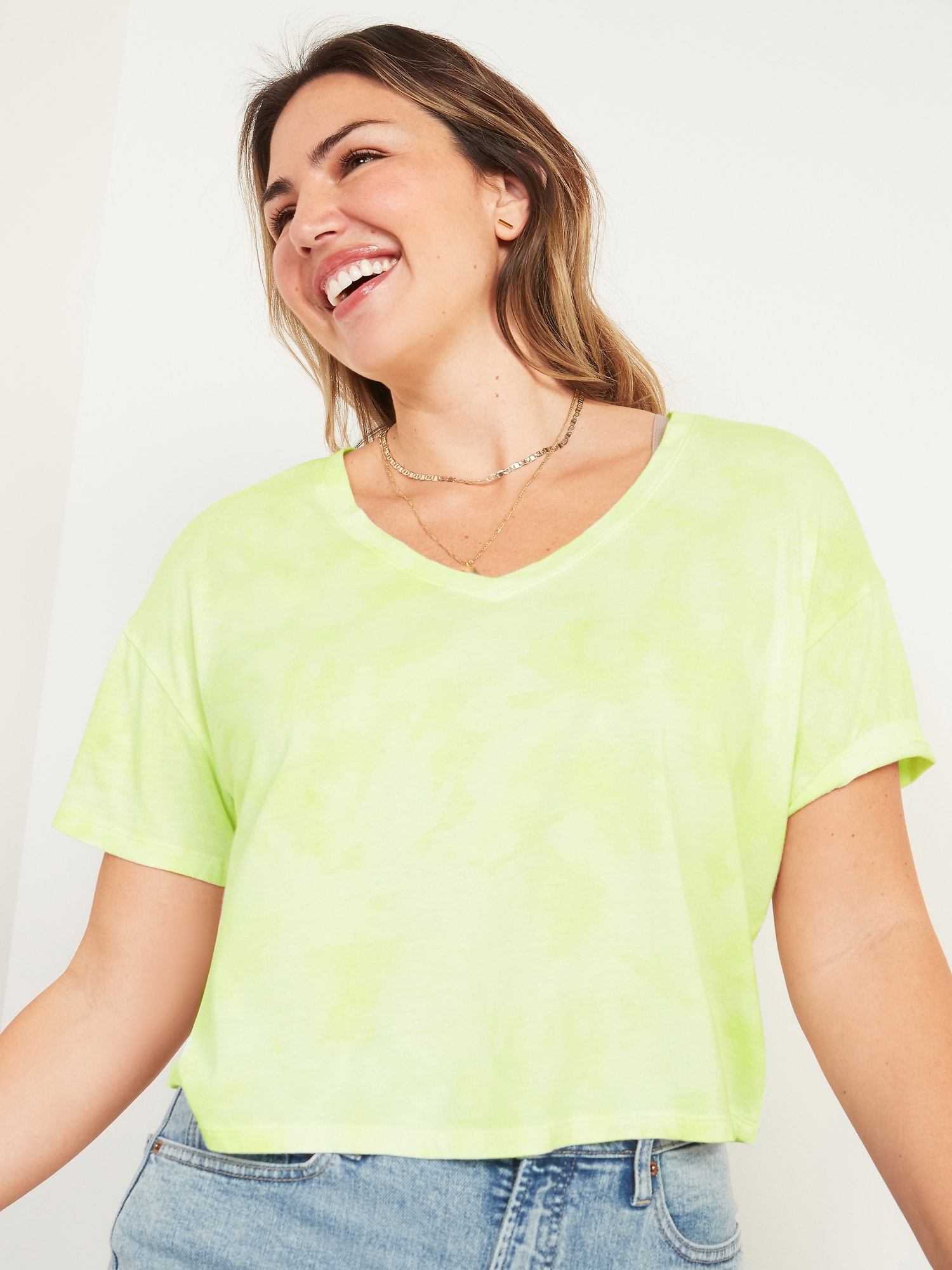 Loose Specially Dyed V-Neck Crop T-Shirt for Women