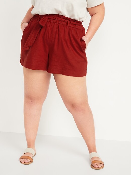 View large product image 1 of 1. High-Waisted Tie-Belt Linen-Blend Plus-Size Shorts -- 4.5-inch inseam