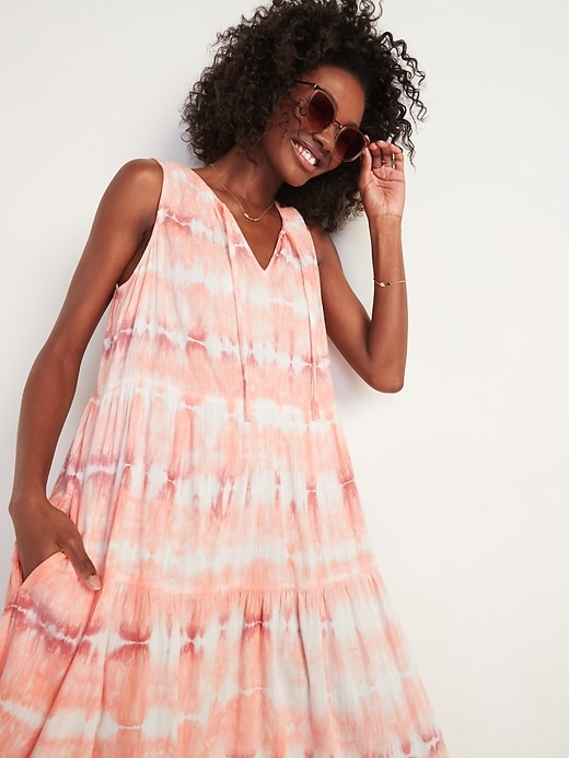 Image number 3 showing, Tiered Tie-Neck Tie-Dyed Midi Swing Dress for Women