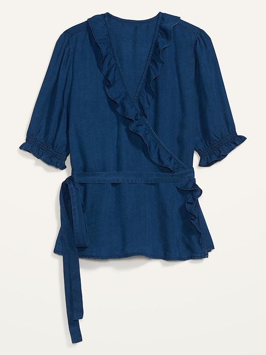 View large product image 1 of 1. Ruffled Chambray Tie-Belt Wrap Top