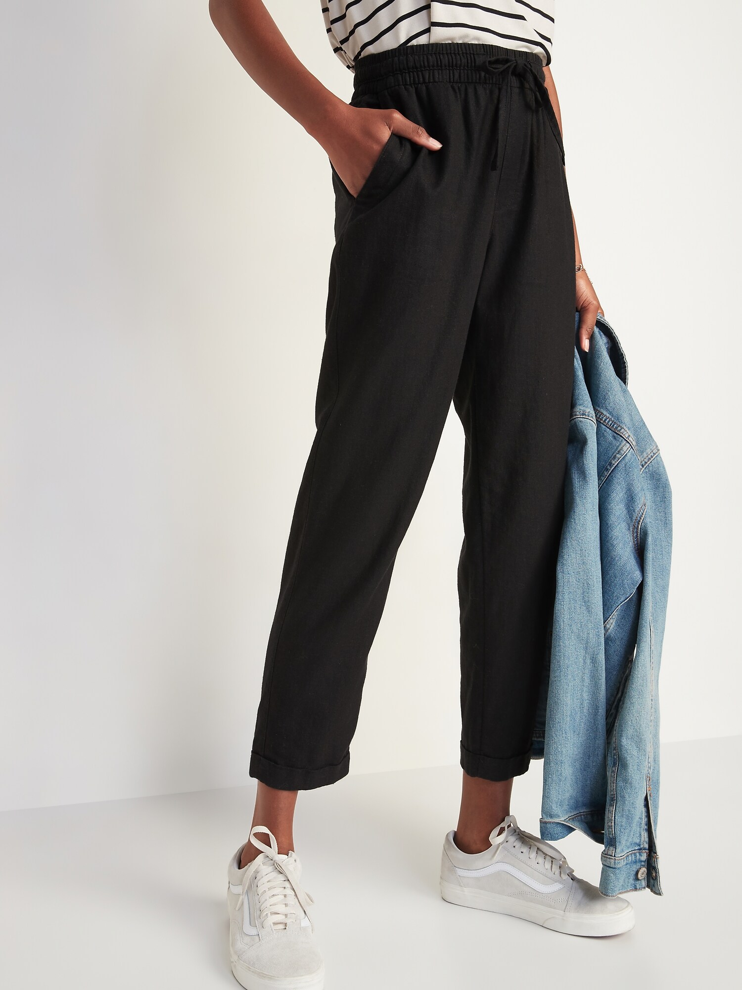 High-Waisted Linen-Blend Straight Cropped Pants for Women