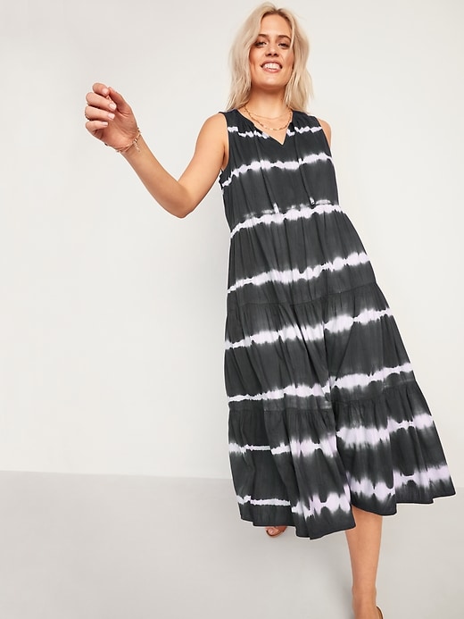 View large product image 1 of 2. Tiered Tie-Neck Tie-Dyed Midi Swing Dress