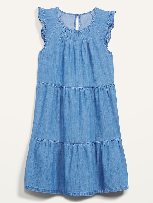 Image number 1 showing, Tiered Chambray Flutter-Sleeve Swing Dress