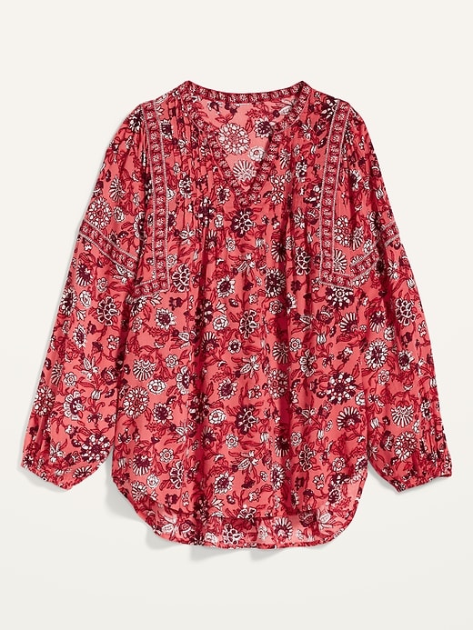 View large product image 2 of 2. Oversized Floral-Print Split-Neck Tunic Top for Women