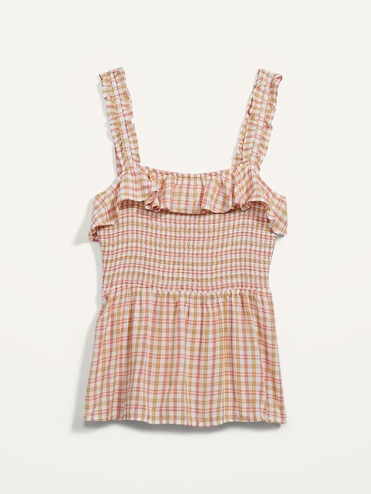 View large product image 1 of 1. Ruffled Smocked-Bodice Plaid Sleeveless Top for Women