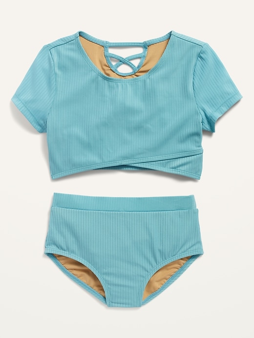 View large product image 1 of 1. Wrap-Front Ribbed Tankini Set for Girls