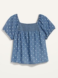 View large product image 3 of 3. Smocked-Yoke Floral-Embroidered Chambray Top for Women