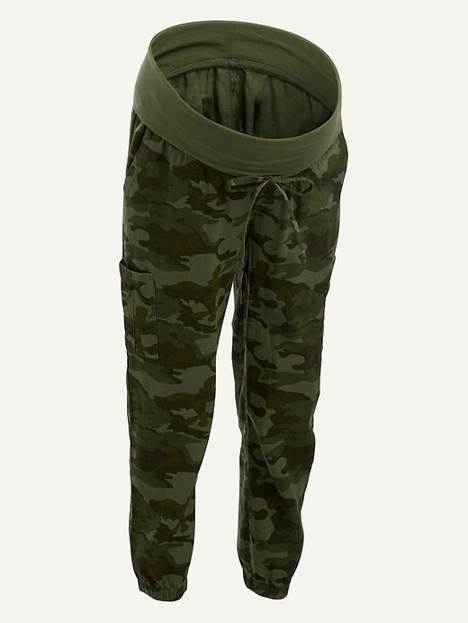 View large product image 1 of 1. Maternity Rollover-Waist Linen-Blend Cargo Jogger Pants