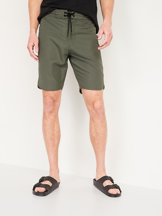 View large product image 1 of 2. Solid-Color Dolphin-Hem Board Shorts -- 10-inch inseam