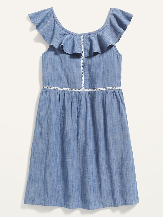 View large product image 1 of 2. Rufled Chambray Ladder-Lace Dress for Girls