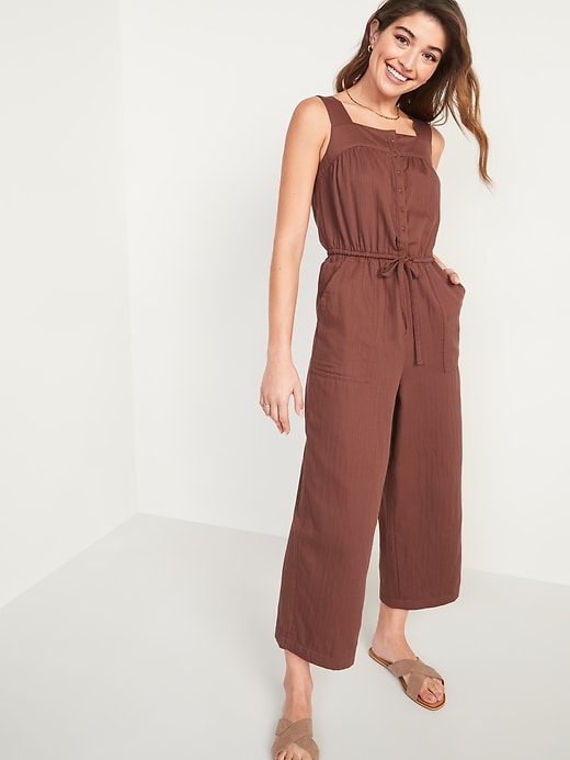 View large product image 1 of 2. Tie-Waist Twill Sleeveless Jumpsuit