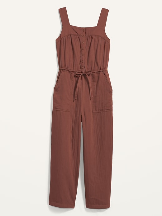 View large product image 2 of 2. Tie-Waist Twill Sleeveless Jumpsuit