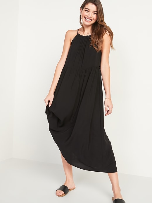 View large product image 1 of 2. Sleeveless High-Neck Maxi Swing Dress