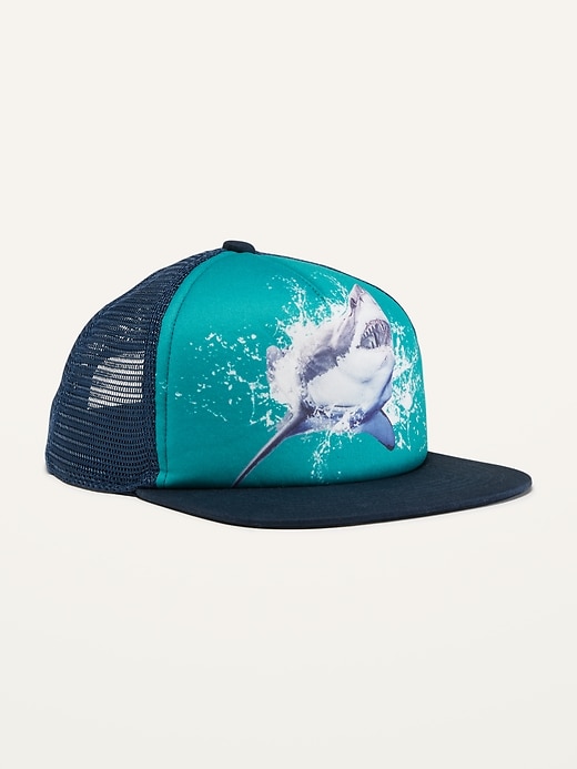 View large product image 1 of 1. Shark-Graphic Gender-Neutral Trucker Hat For Kids