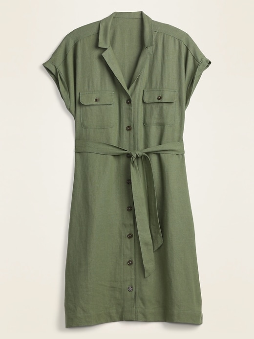 View large product image 2 of 2. Waist-Defined Linen-Blend Tie-Belt Shirt Dress for Women