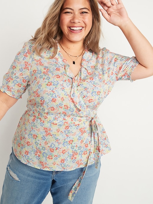 Image number 1 showing, Ruffled Floral-Print Plus-Size Tie-Belt Wrap Top
