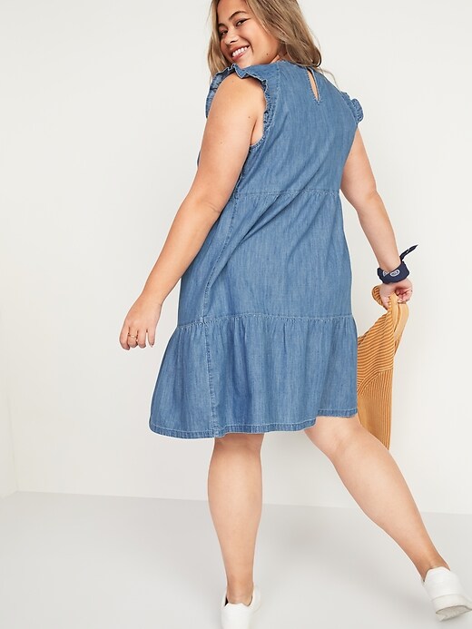 Image number 2 showing, Tiered Chambray Plus-Size Flutter-Sleeve Swing Dress