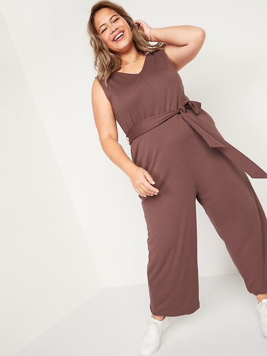 View large product image 1 of 2. Sleeveless Ponte-Knit Plus-Size Tie-Belt Jumpsuit