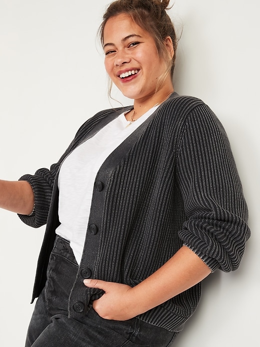 Image number 1 showing, Acid-Wash Shaker-Stitch Button-Front Plus-Size Cardigan Sweater