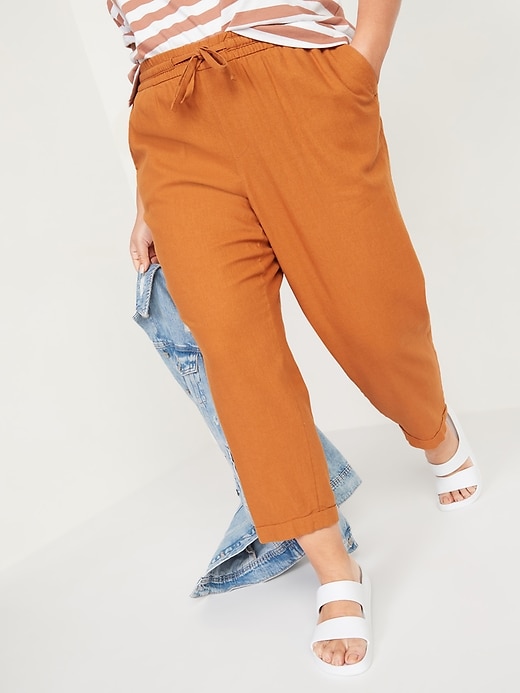 View large product image 1 of 2. High-Waisted Linen-Blend Straight Cropped Plus-Size Pants