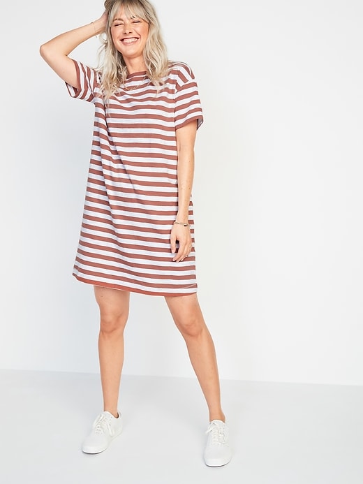 Old Navy Loose Vintage Striped Slub-Knit T-Shirt Shift Dress for Women pink. 1