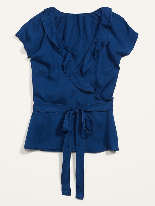 Image number 4 showing, Ruffled Tie-Belt Chambray Wrap Top for Women