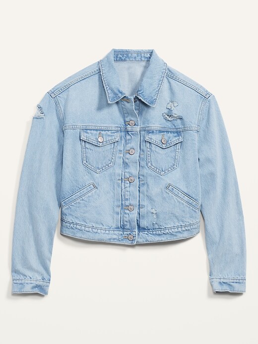 Image number 4 showing, Cropped Ripped Light-Wash Jean Jacket for Women