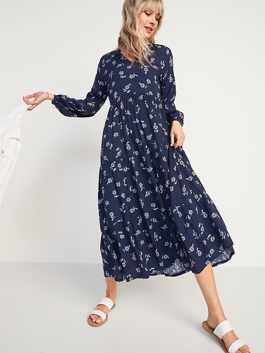 Image number 1 showing, Floral-Print Textured-Dobby Midi Swing Dress for Women