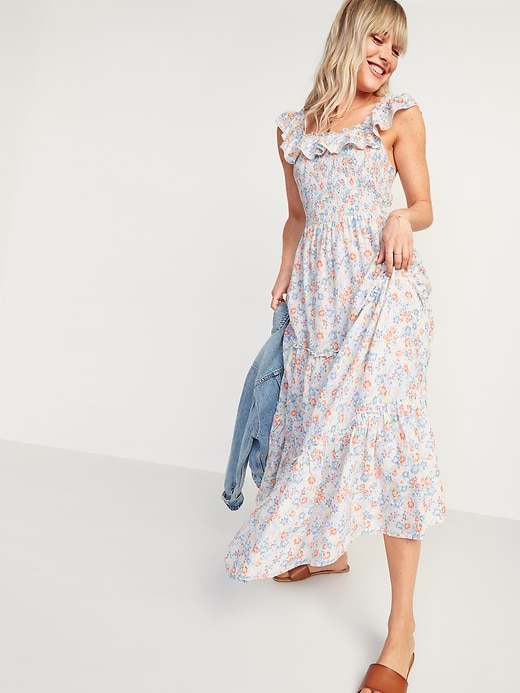 Image number 1 showing, Ruffled Smocked-Bodice Floral Sleeveless Maxi Dress for Women