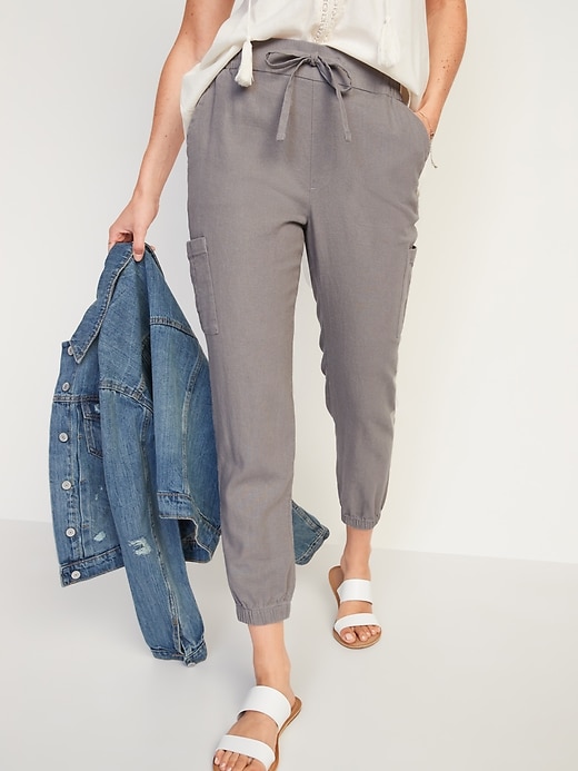 Image number 5 showing, High-Waisted Linen-Blend Tapered Jogger Pants