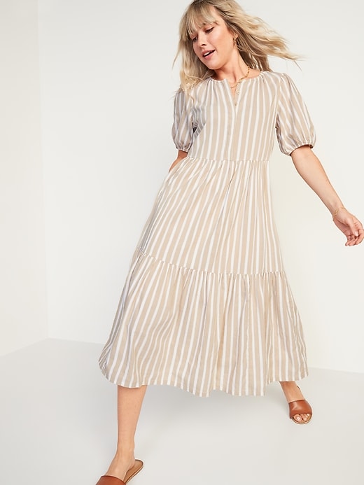 View large product image 1 of 2. Waist-Defined Dobby-Stripe Midi Dress