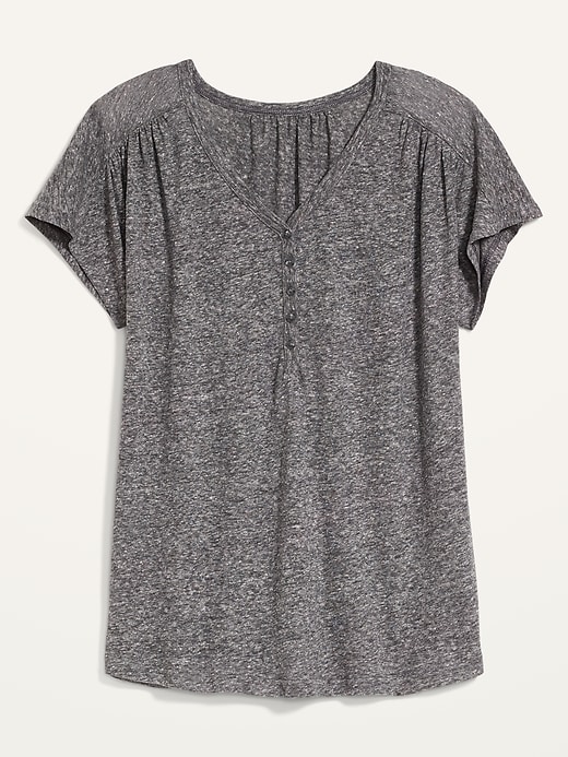 View large product image 1 of 1. Loose V-Neck Linen-Blend Henley T-Shirt